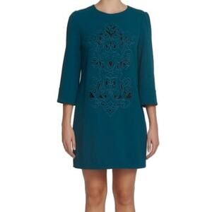 CYNTHIA STEFFE Dark Teal Green Anya Embroidered Shift Dress 3/4 Sleeve Size 6